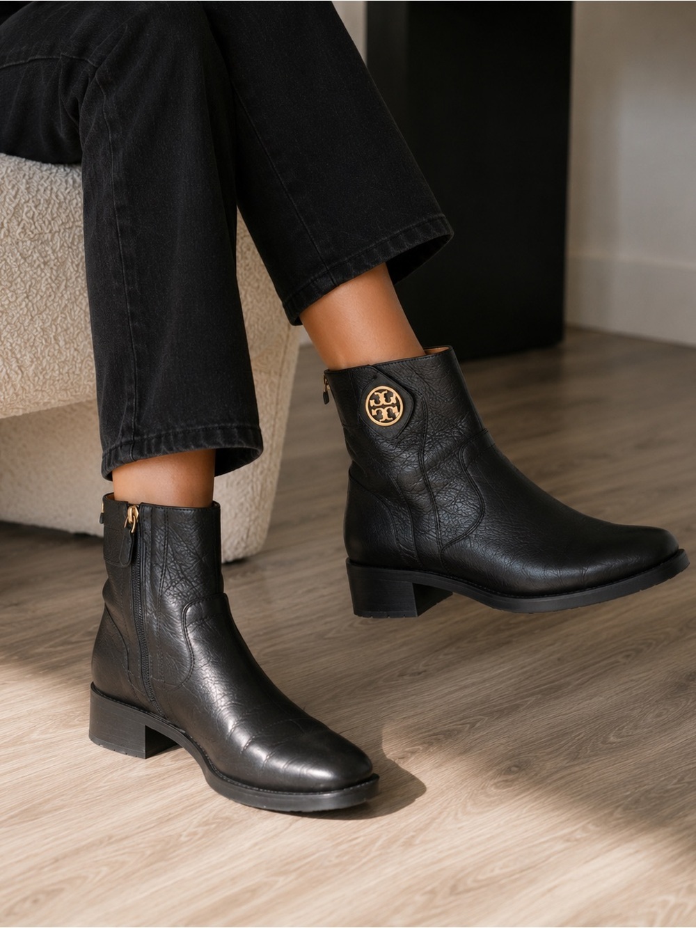 Tory Burch ($450) Black Leather Ankle Booties Gold Logo Riding Boots Size 7M